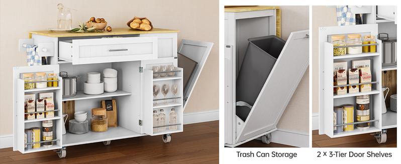 Kitchen Island with Storage, 31.5" D Rolling Kitchen Cart on Wheels with Widen Drop Leaf Rubberwood Top, Large Mobile Kitchen Island with Trash Can Storage and Towel Bar, Black