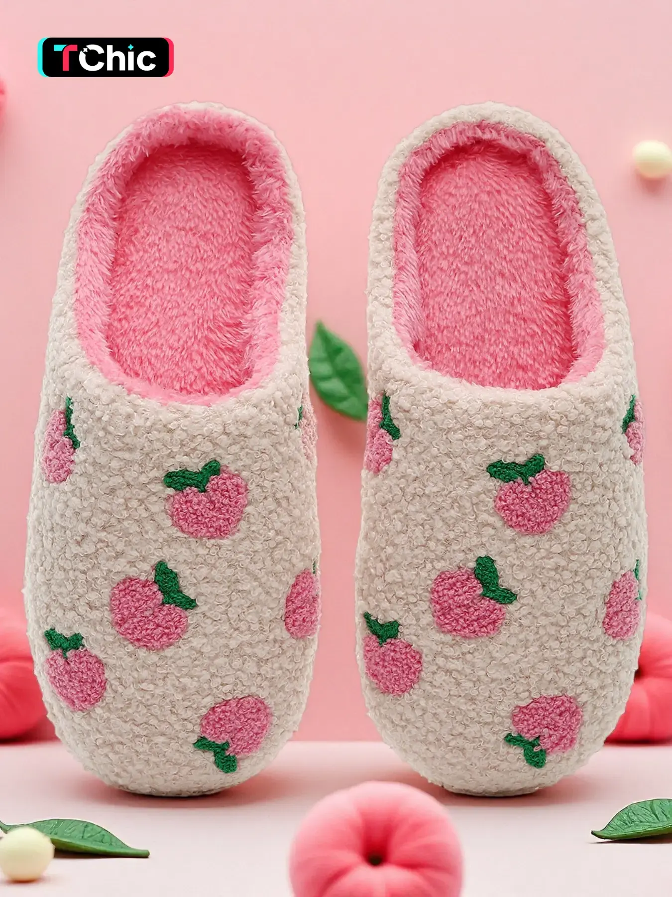 Women's Cute Peach Pattern Plush Slippers, Casual Soft Comfortable Home Slippers, Warm House Slippers For Indoor & Outdoor Use For Fall & Winter, Footwear