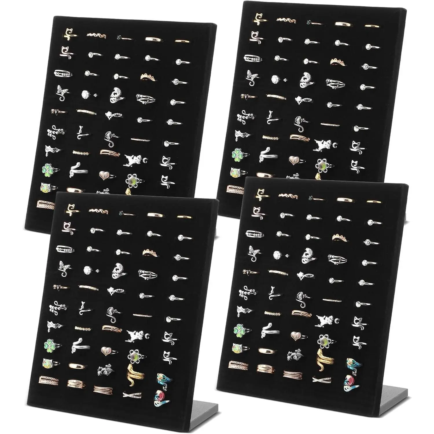 4 Pcs Black Velvet Ring Display Stand, 50 Slots L-Shaped Jewelry Organizer Tray for Selling Earrings Rings Retail Home Counter