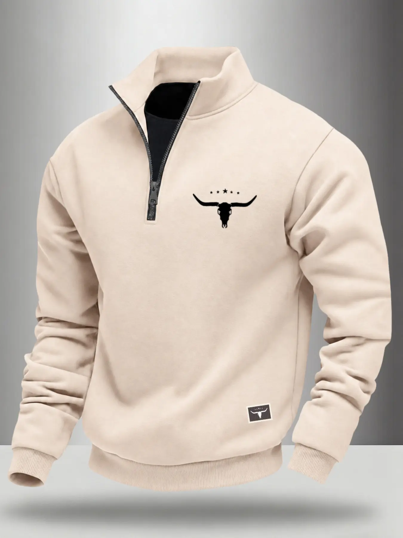 Men's Quarter Zip Sweatshirt, Bull Skull Graphic Print, Stand Collar Pullover, Long Sleeve Casual Western Style Top, Fitted Graphic Sweatshirt #QuarterZipSweatshirt #MensPullover #GraphicSweatshirt #WesternStyle #CasualMensWear
