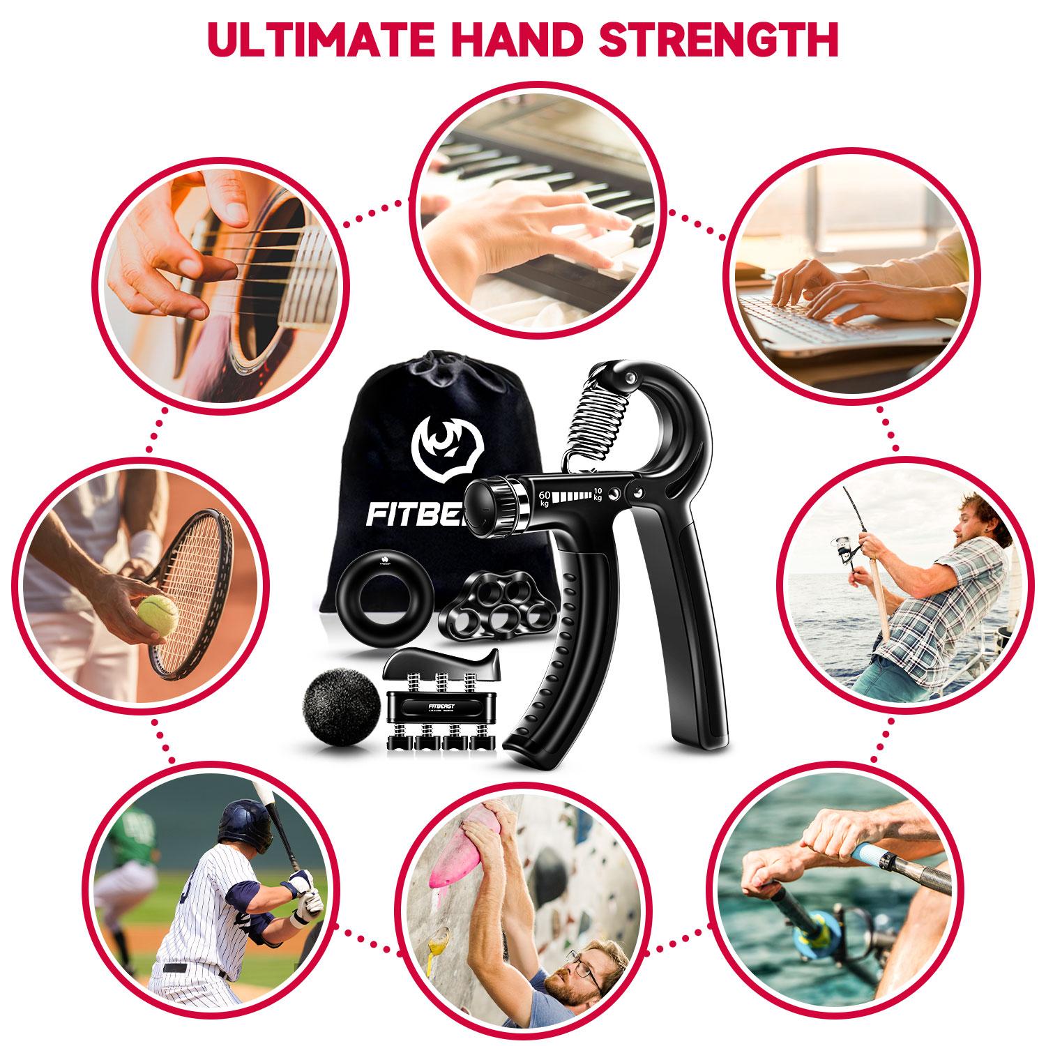 5 Pack FitBeast Funny Hand Grip Strengthener Workout Kit Forearm Grip Adjustable Resistance Hand Gripper, Finger Exerciser, Finger Stretcher, Grip Ring & Stress Relief Grip Ball for Athletes