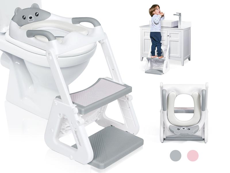 Orzbow 2-IN-1 Potty Training Toilet Seat with Step Stool for Toddler, Stability Training Potty Seat for Kids Boys Girls with Splash Guard and Anti-Slip Pad, Adjustable Ladder & Potty Seat Height, Grey