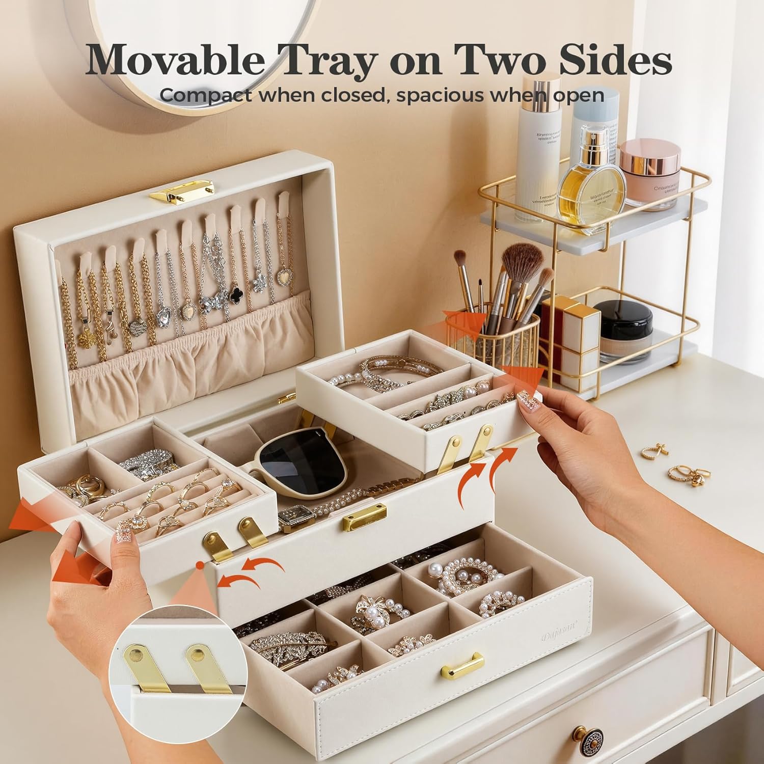 Organizer Box, Large  Boxes for Women Girls, Space-Saving 3 Layers  Storage Case with Drawer, Movable Metal Stand, Modern,  Idea (Cloud White + )
