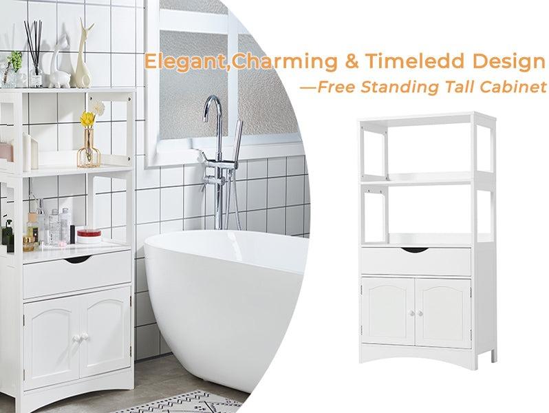 Sikaic Multifunctional Storage Cabinet with Microwave Space Drawer White Furniture Organization Kitchen Organizer Freestanding Wood Cupboard