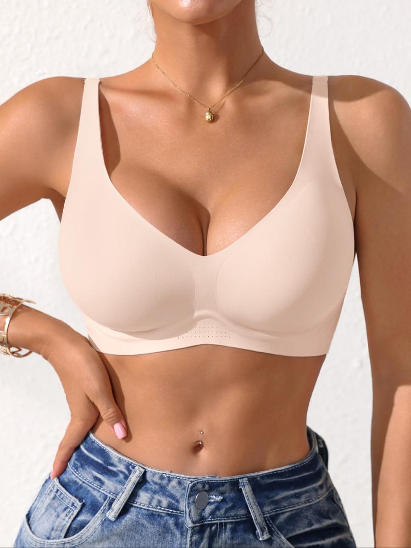 Women's Seamless Jelly Bra, Comfortable Mesh Design, Medium Support Push-Up Underwear, Fitted Plain Style, All Seasons