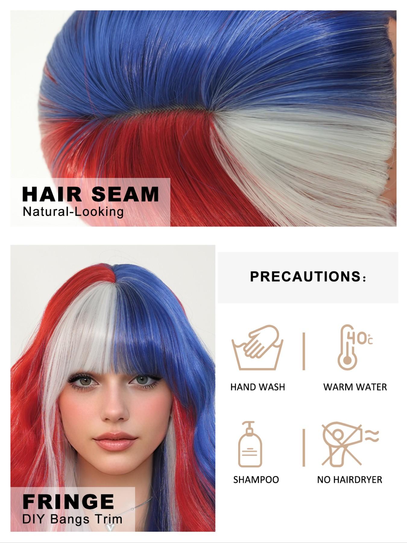 Red White & Blue Wigs for Women 22 Inch Medium Length Wavy Curly Wig with Bangs Synthetic Heat Resistant Wig for festival Fan Zone Support