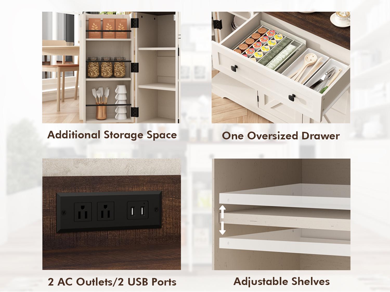 PieDle 39" Rustic Coffee Bar Cabinet with Drawer, Charging Station & Adjustable Shelves, Kitchen Hutch Sideboard for Dining Room Storage