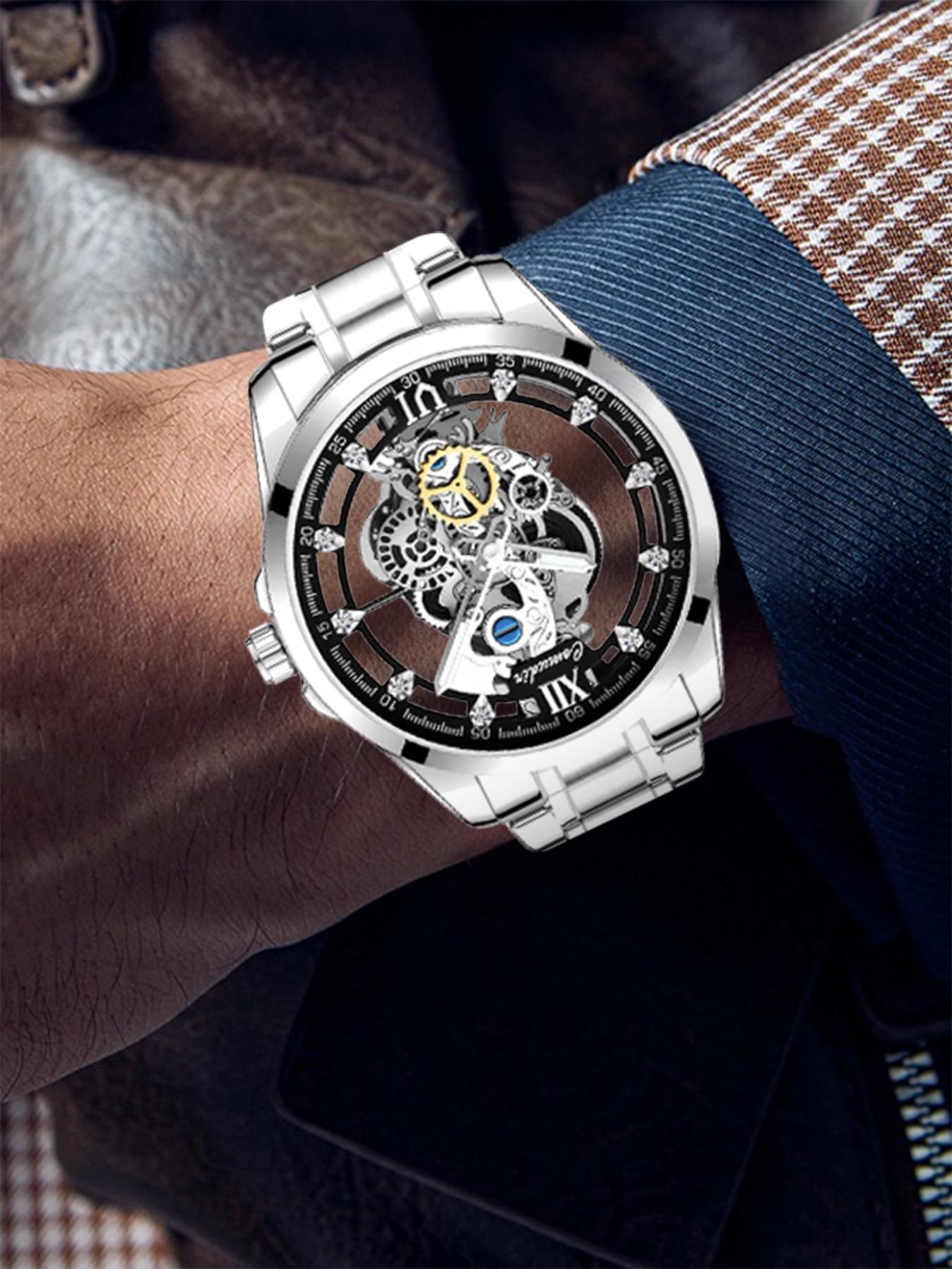 Men's Silver Color Steel Strap Dual-Sided Transparent Sporty Casual Business Watch, Quartz Wristwatch, Analog Round Face, Quartz Movement, Alloy Case