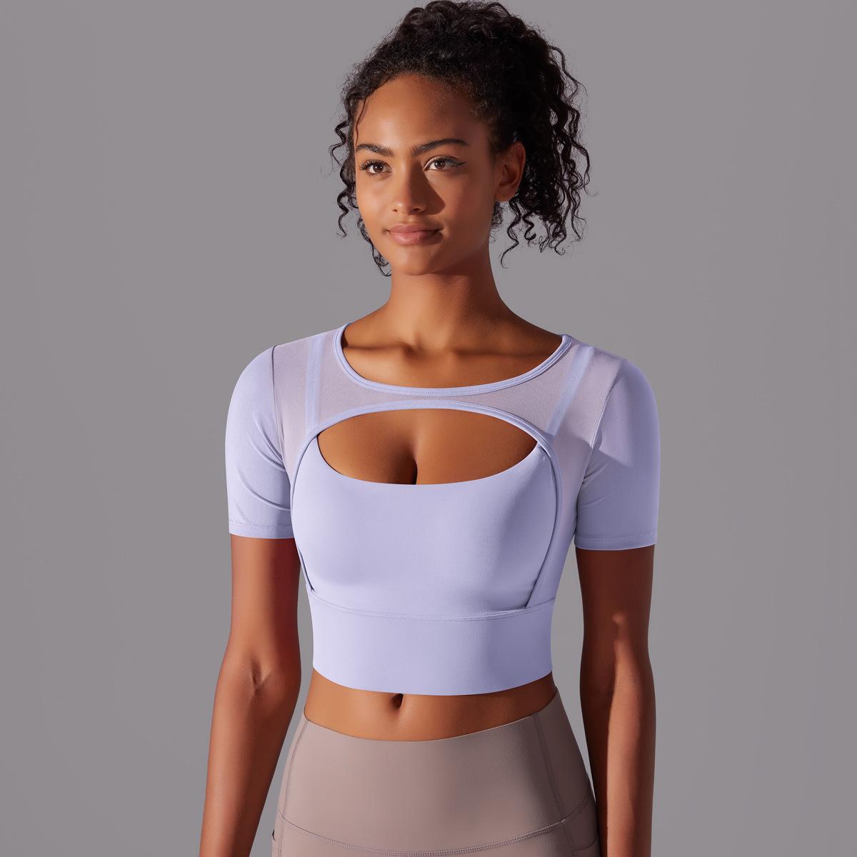 Classic Solid Color Mesh Stitching Double-Layer Short Sleeve Racerback Bra Top Women - Running, Fitness, Yoga Workout Top1123