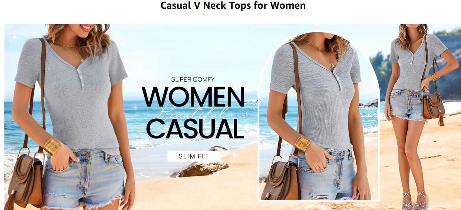 MEROKEETY Women's Summer Short Sleeve V Neck T Shirts Casual Ribbed Button Henley Knit Tops Blouse