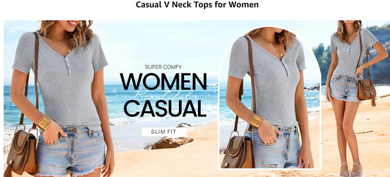 MEROKEETY Women's Summer Short Sleeve V Neck T Shirts Casual Ribbed Button Henley Knit Tops Blouse