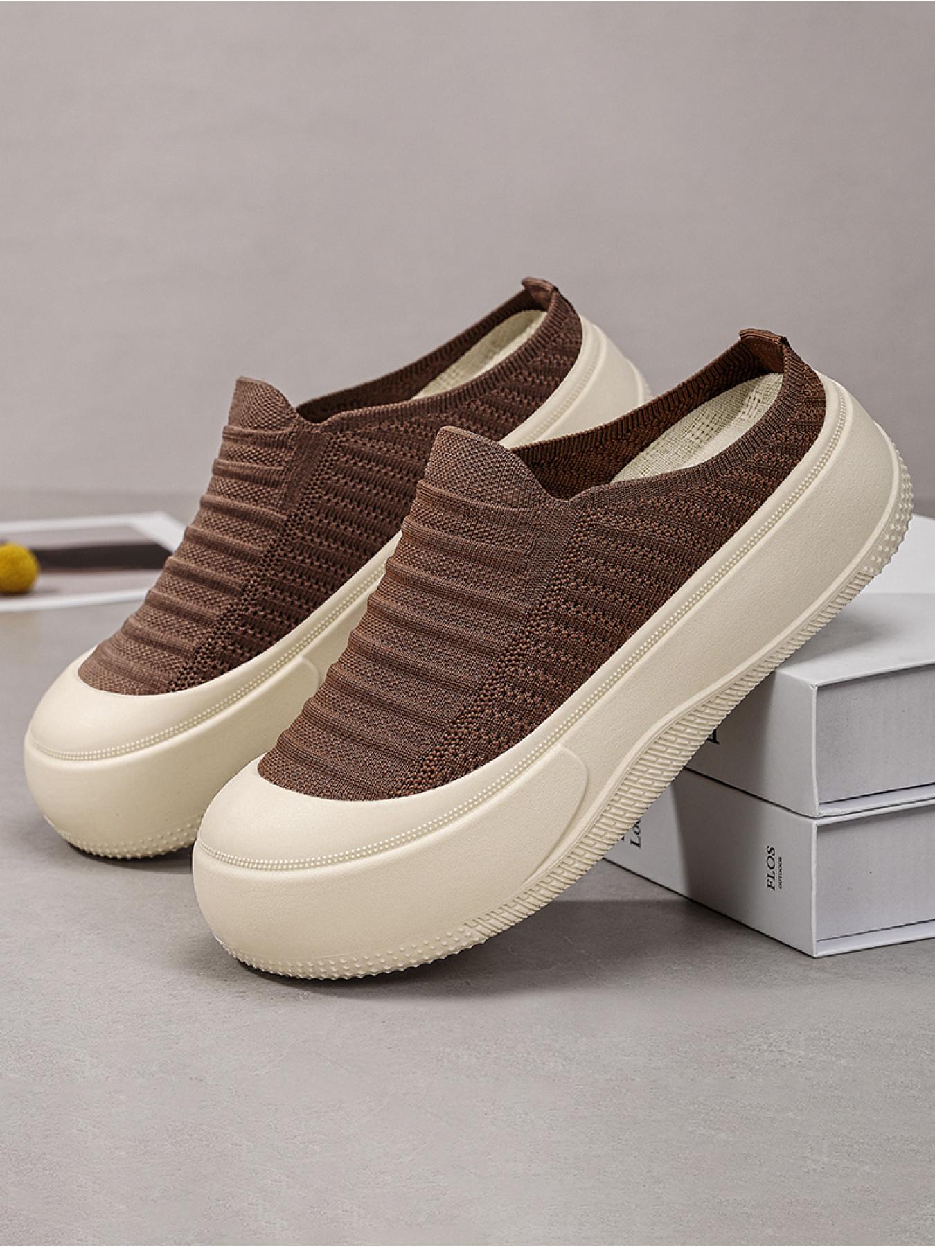 YYW1 Women's Slip-On Casual Trainers, Breathable Flyknit Textile Shoes, Thick Sole, Lightweight PVC Plain Shoes for Daily Commute, Indoor-Outdoor Wear