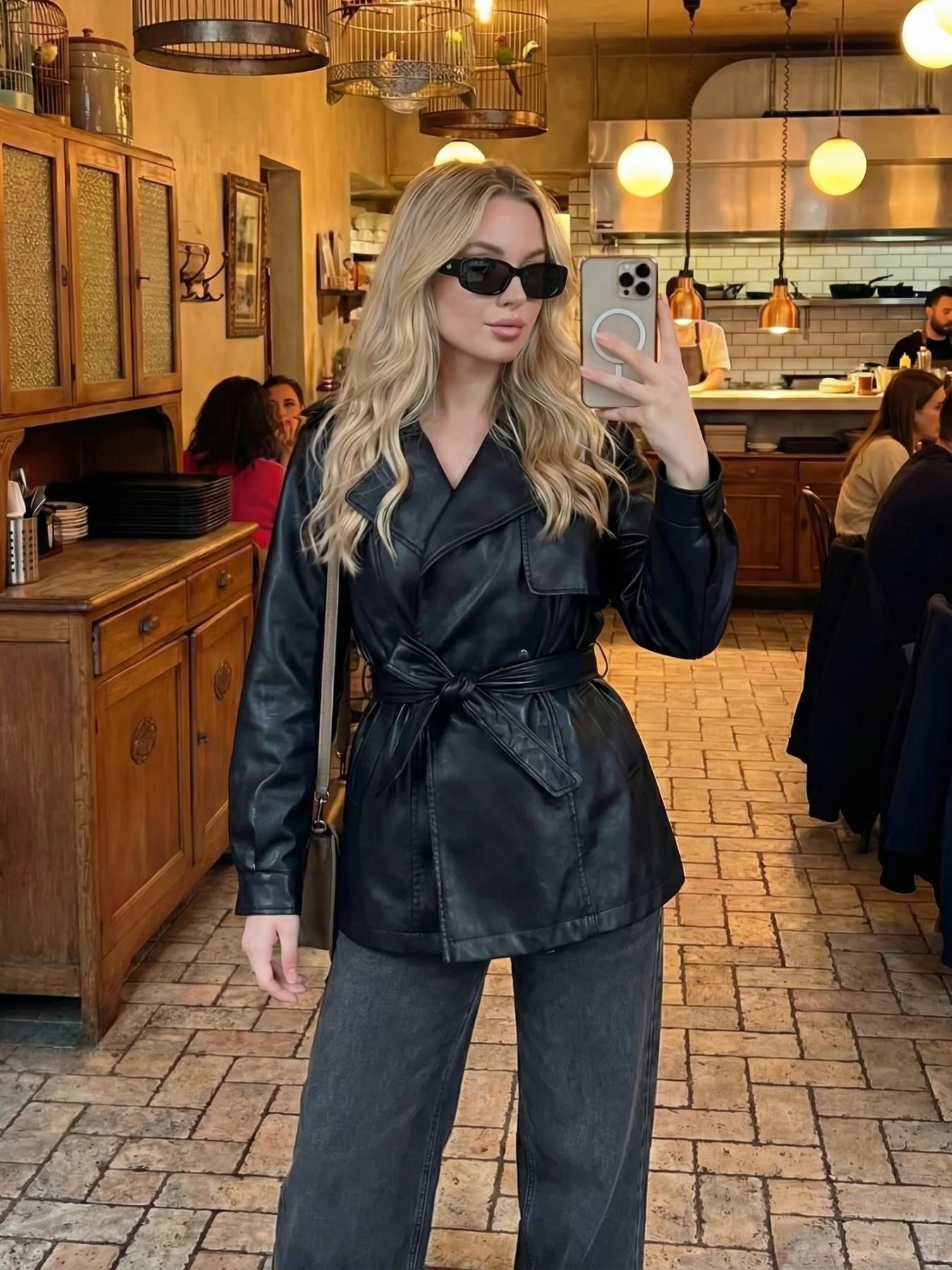 Elegant Belted Waist Long Sleeve Leather Jacket for Women, Fall Winter Loose Fit Casual Double-Breasted Windbreaker, Trendy Outerwear