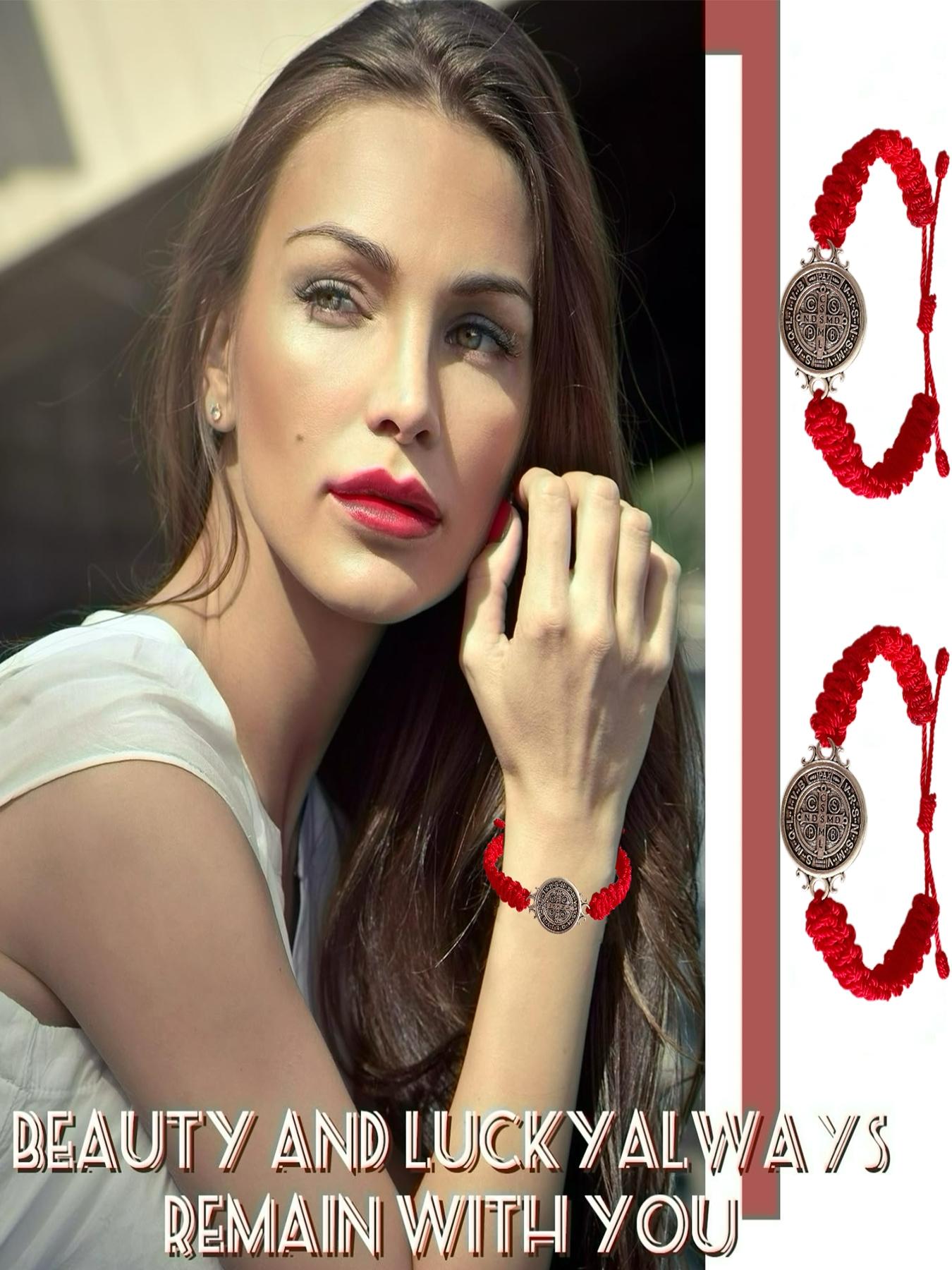 2 Pcs Red St. Benedict Bracelets with Cross Charm and Black Adjustable Cord, Saint Benedict Medal, Catholic Religious Symbolism Jewelry Gift for Men and Women, Religious Wristband, Prayer Bracelet