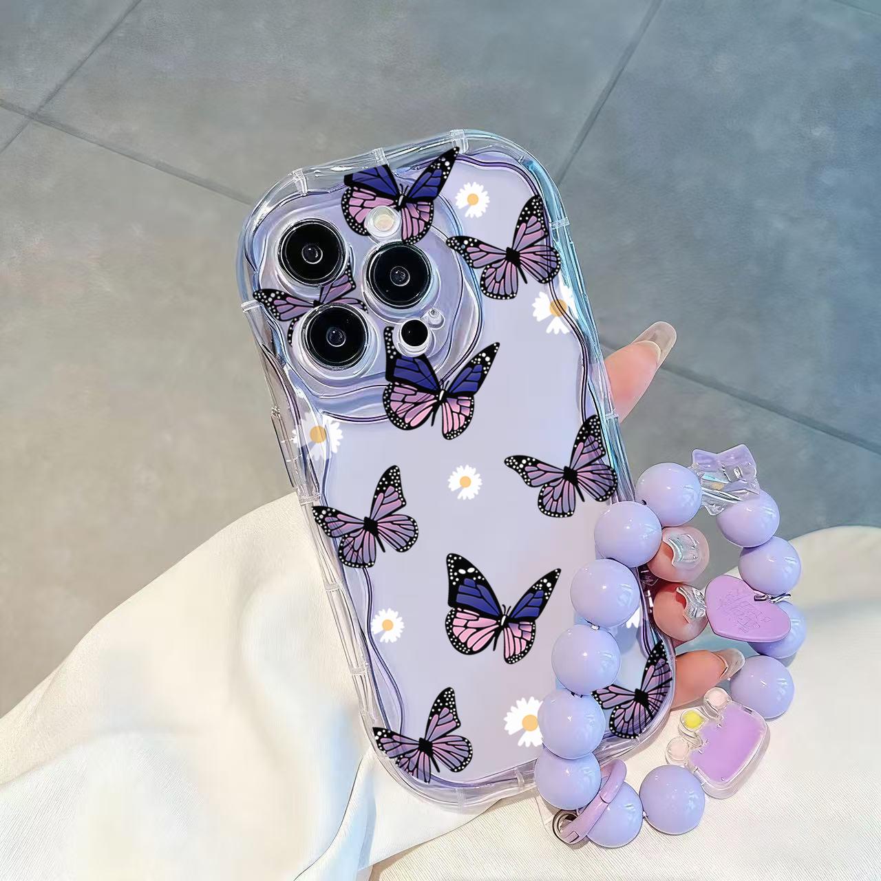 Wave Pattern Purple Butterfly+Purple Hanging Chain Phone Case For VIVO Y21D Y19S  V40 Pro V50 V40 V60 Lite V30Y04 Y04S Y18 Y18E Y29 Y03 Y03T Y28 Y17S Y20 Y20i Y20S Back Cover