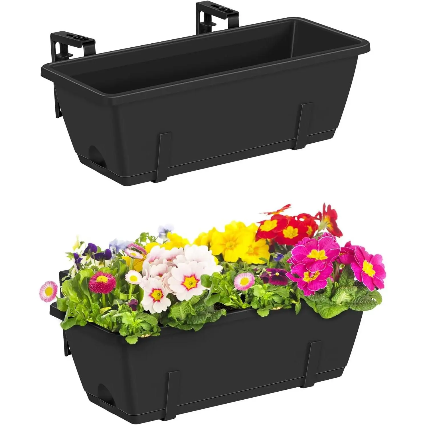 Railing Planter Boxes 2 Pack 17 Inch Window Boxes Black | Rectangle Railing Flower Box with Adjustable Bracket Window Deck Hanging Planters Boxes for Outdoor Patio
