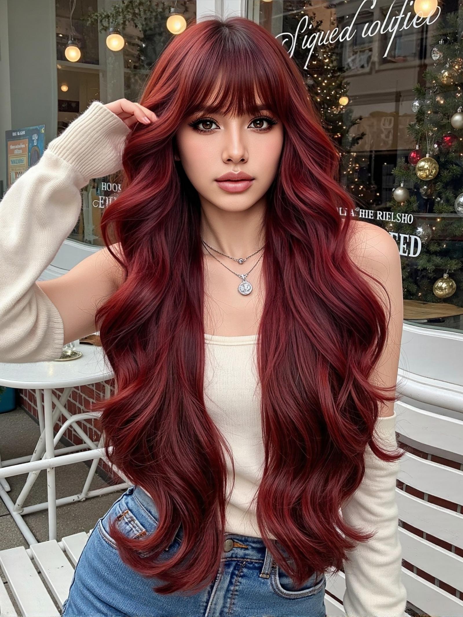 30 Inch Long Wavy Wig with Bangs, Natural Heat-Resistant 