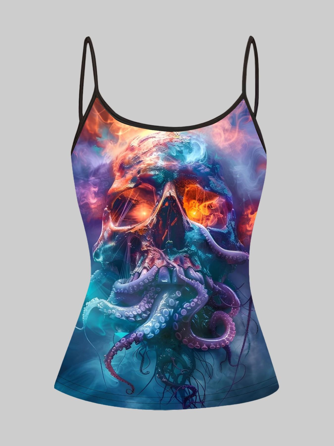 Vibrant Skull Octopus Print Strappy Top, Summer Home Sleepwear Outerwear, Unique Slim-Fit Shirt Set of Four Pieces