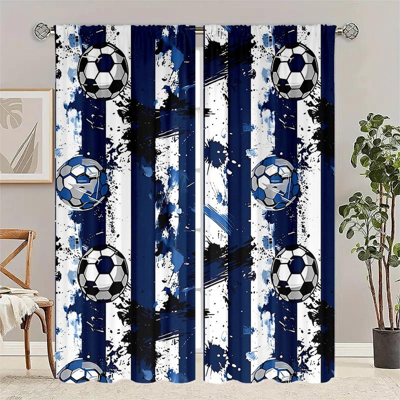 2 pieces of football-themed cartoon patterned curtains, made of polyester with semi-transparent texture, machine washable, suitable for bedrooms, living rooms and home decoration.