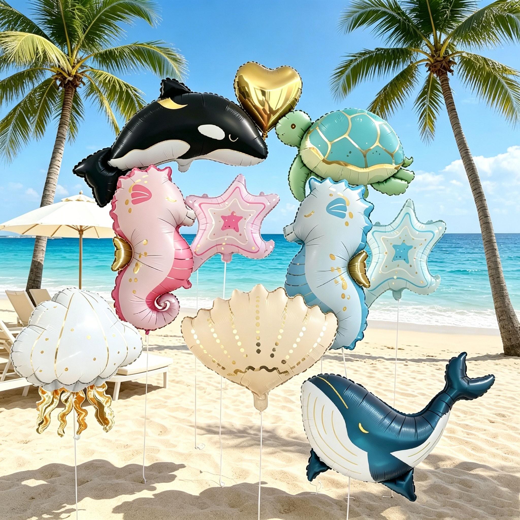 12-Piece Ocean Animal Aluminum Foil Balloons Set, Shell, Blue Whale, Jellyfish, Turtle, Seahorse, Orca, Heart Shape, Party Decorations