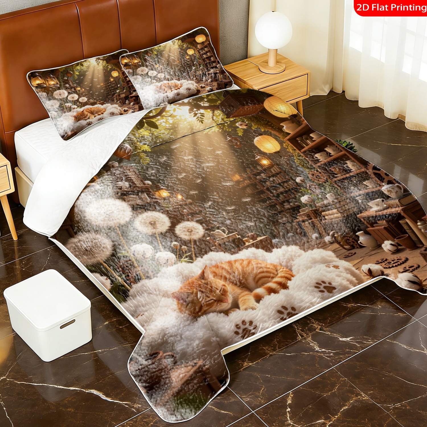 3 pcs, 2D flat print Cozy Cottagecore bed cover set Whimsical Cat & Dandelion, multiple sizes available, bedding set, festive decorative bedding, ideal for bedroom decor(1 bedspread , 2 pillowcases)