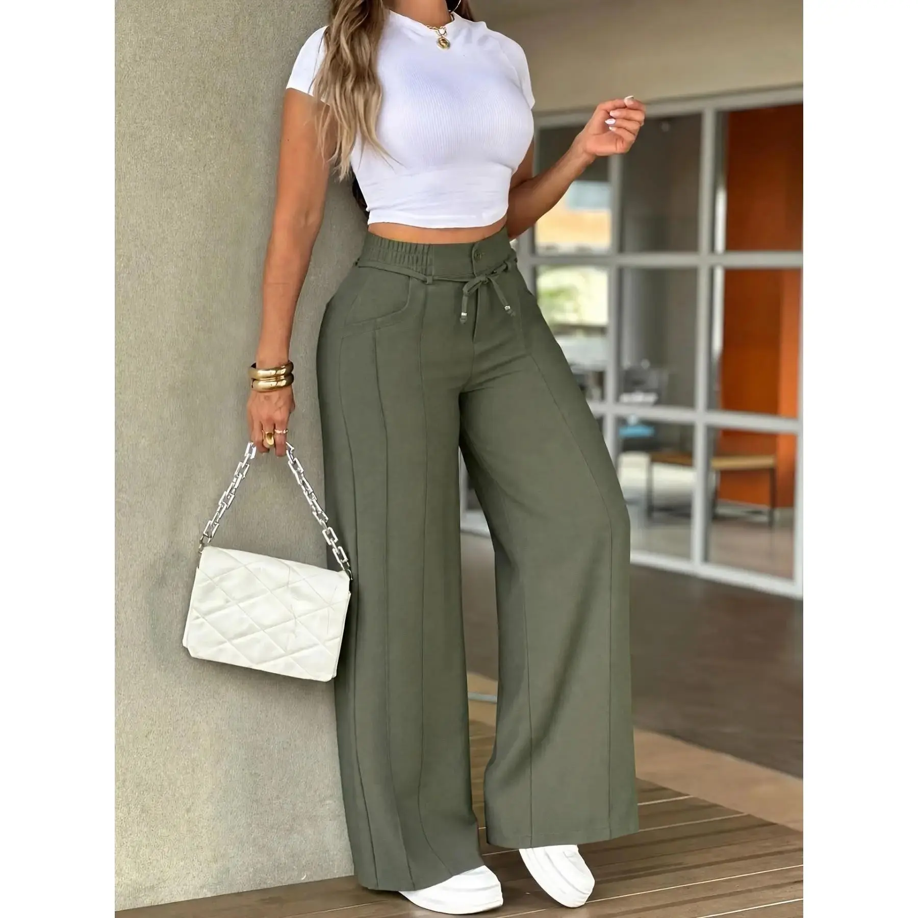 2026 New Women's Wide-Leg Fit Pants, Seam Detail, Pleats, High Waist Elastic Waist Trousers, Suitable for Office and Dates, Womenswear
