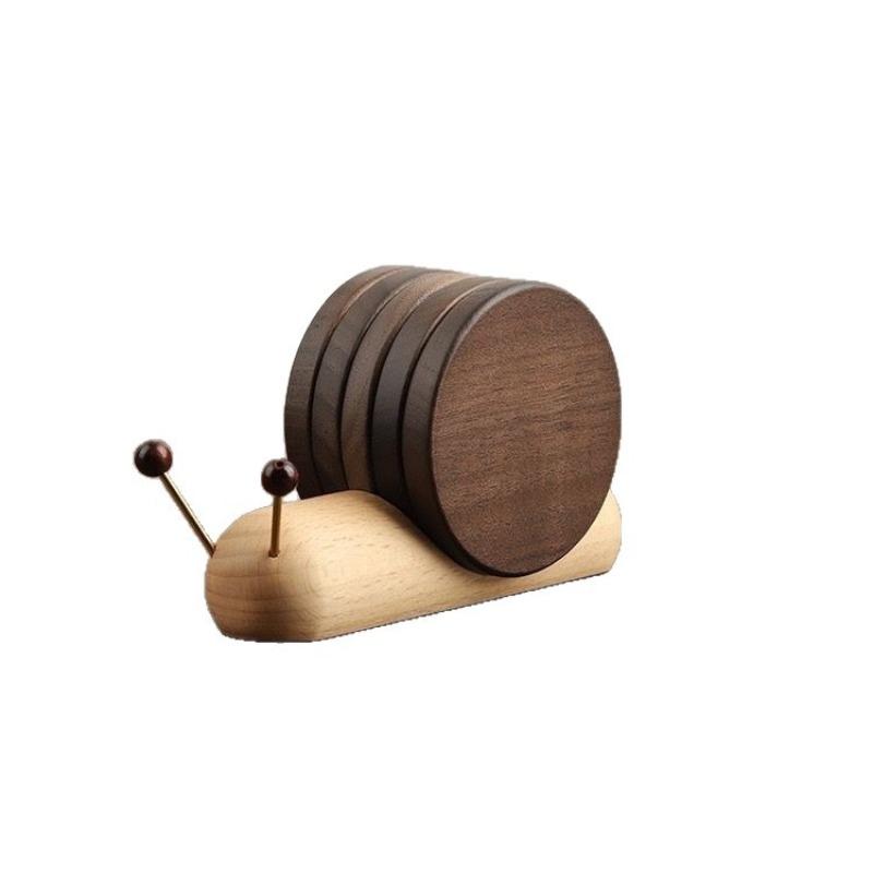Wooden Snail Coaster Set, Creative Desktop Insulation Pad Decorative Accessory, Magnetic Heat Resistant Mat Pot Bowl Cup Holder, Wooden Coasters