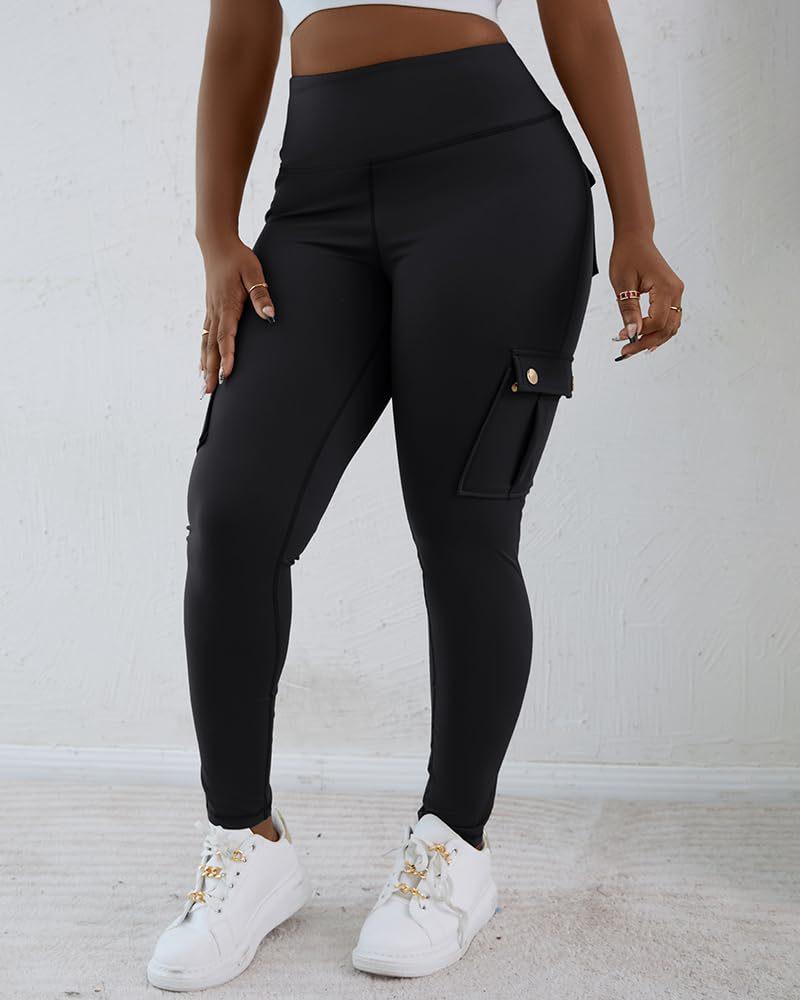 Women Cargo Pocket High Waist Leggings, Stretch Slim Fit Workout Pants, Casual Athletic Running Fitness Trousers
