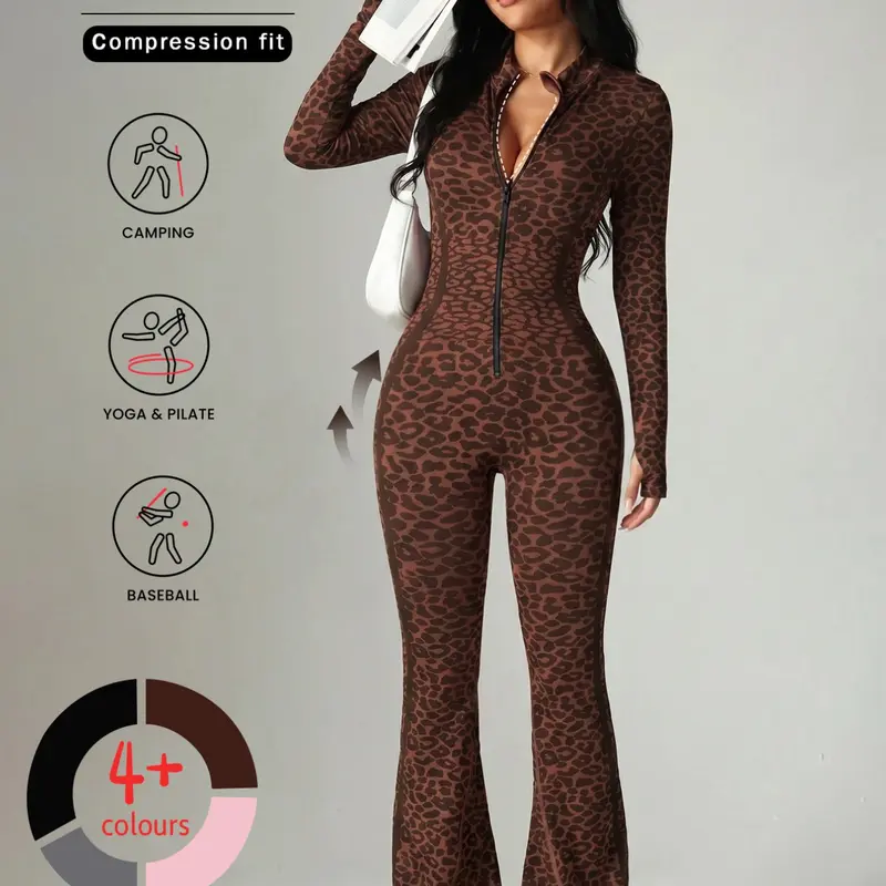 Leopard Print Yoga Set, Flared Pants with Zipper, Long Sleeve Thumbhole Design, Women's Sportswear Women Workout Clothes for Gym and Outdoor Wear, Activewear Yoga Fitness