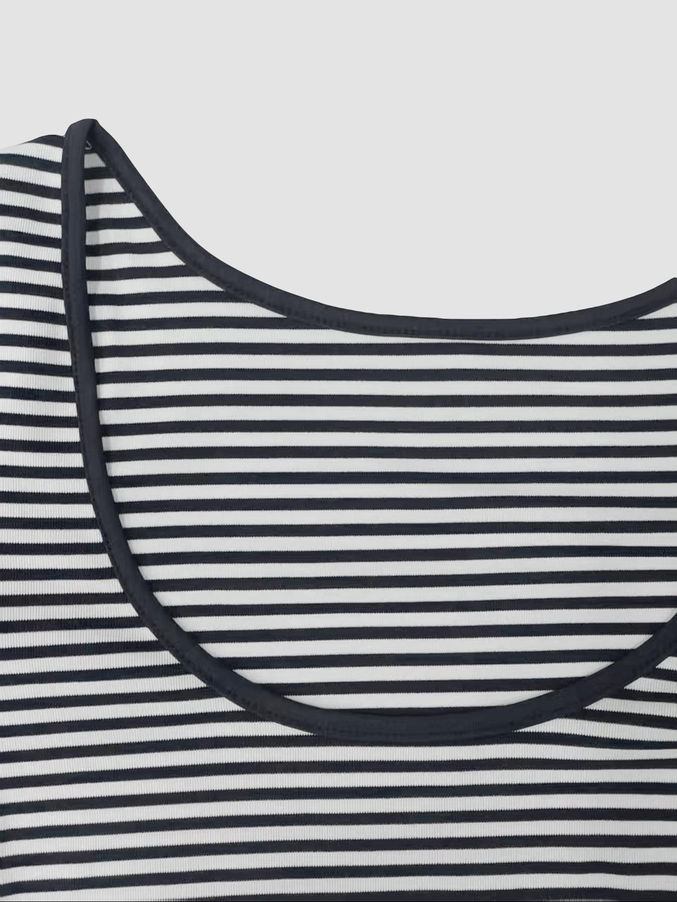 Women's Low-Back Ribbed Striped Top, Crew Neck Long-Sleeve Relaxed-Fit Crop Tee Knit, Ideal for Casual Outings/Weekend Hangouts/Everyday Wear