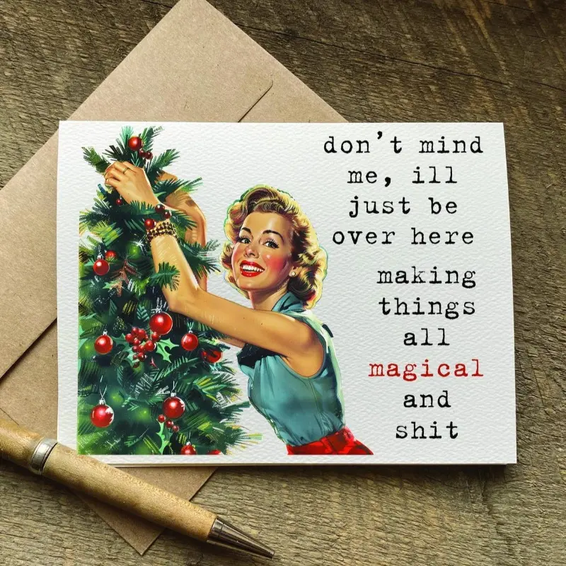 2card+2envelope funny retro woman christmas card/ making things all magical and shit/ vintage housewife/ holiday gift basket for friend/ hilarious quote