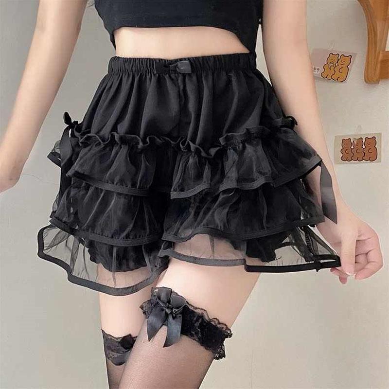 Gothic  Lolita Lace Shorts Women Black Aesthetic Cute Sweet Bow Ruffle Bloomers Shorts Y2k E-girl Kawaii Frilly Panties