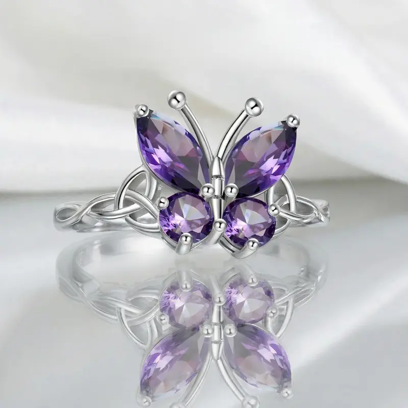 S925 Sterling Silver Celtic Knot Butterfly Ring for Women, Chic Artificial Gemstone Ring with Irregular Cut Purple Zirconia, Sizes 6-10, Girl & Adult Birthday Gift for Daily Wear, Rings For Women