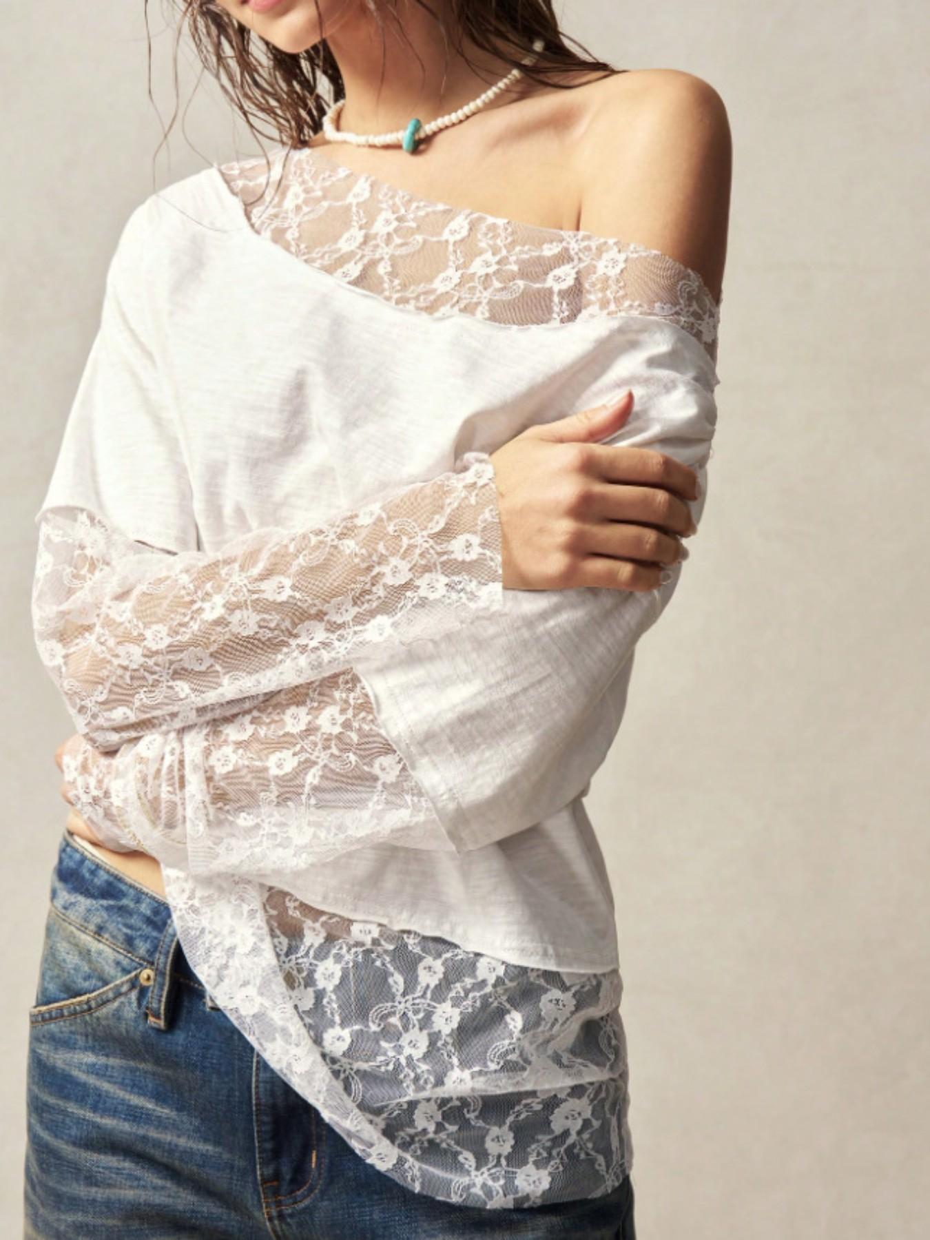 Women's Spring Summer 2026 Long Sleeve Off-Shoulder T-Shirt Womenswear, Asymmetrical Shoulder Design, Lace Trim, Casual Fashion Top