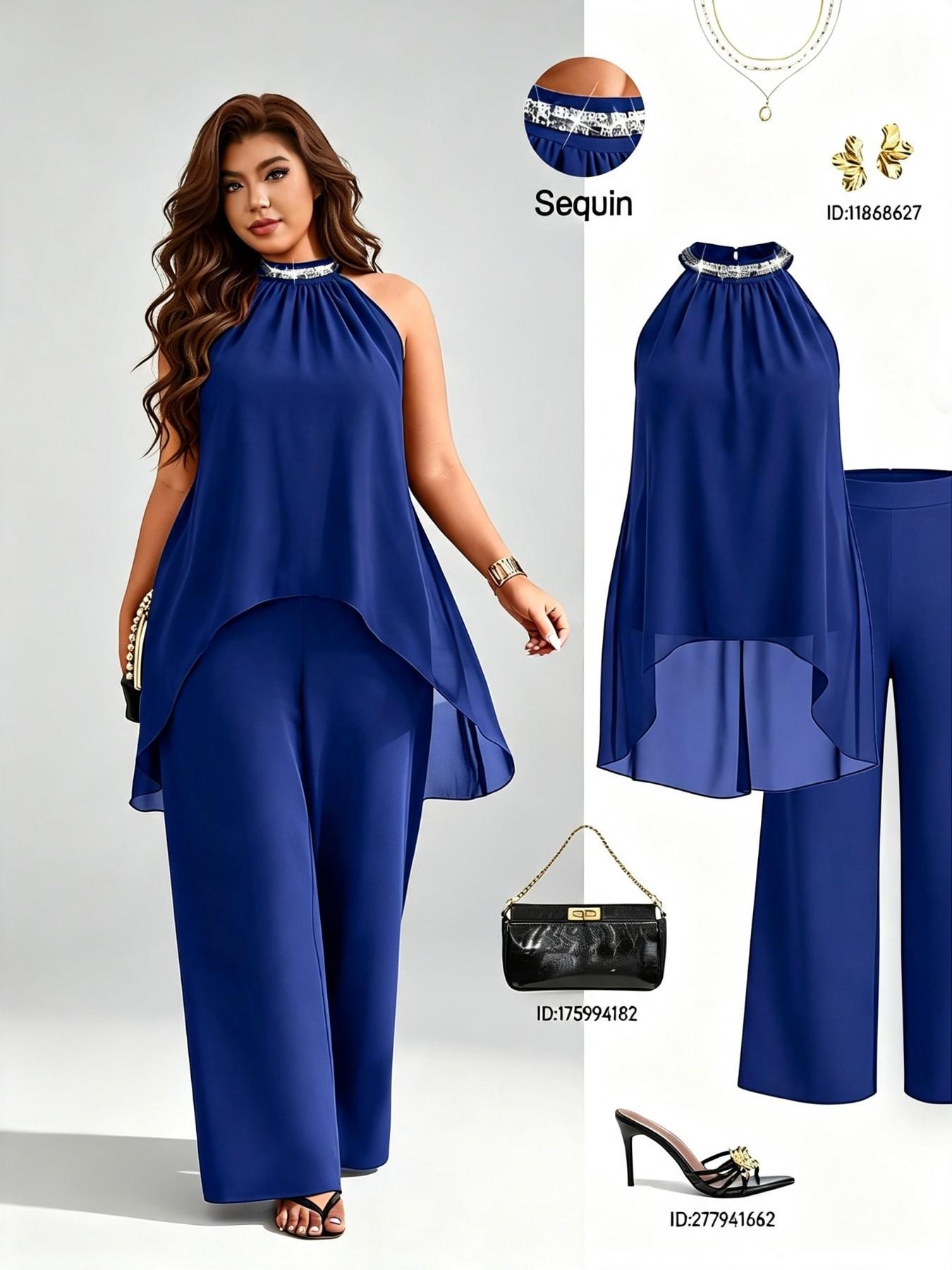 Luxury Party Style Aesthetic Plus Size Two-Piece Set, Ruched Halter Neck Sequin Top, Sleeveless Chiffon Blouse, Loose Fit Slimming Wide Leg Pants Set