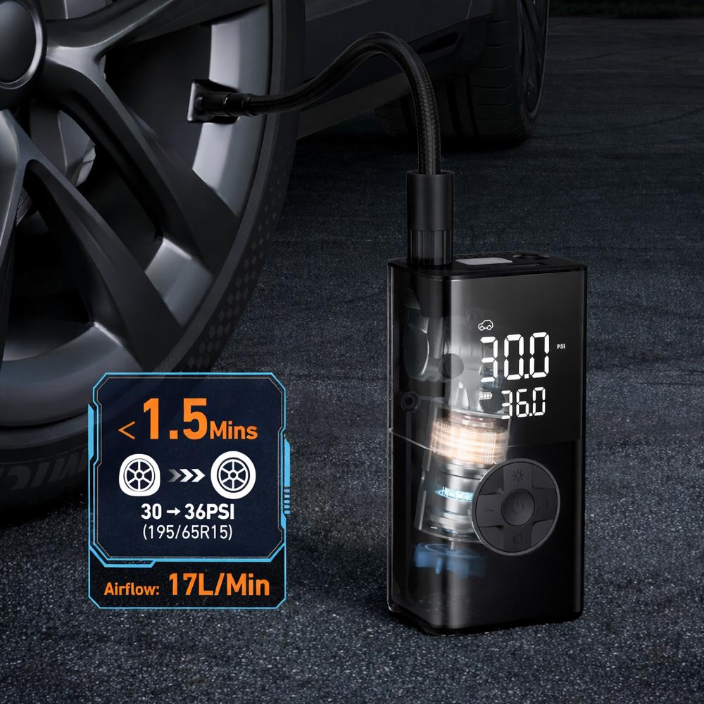Portable Wireless Car Air Pump Never Stranded Again! 150PSI Fast Tire Inflator + Reverse Charger + LED Flashlight – All in One!