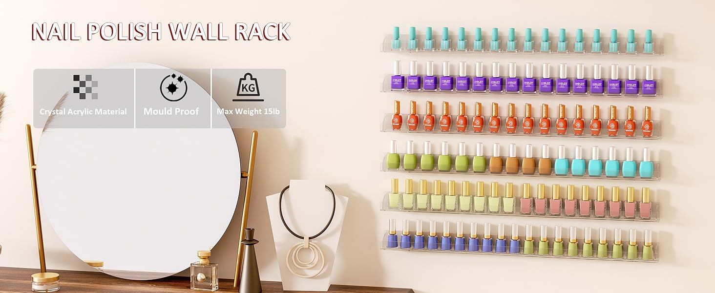 30 Inch Clear Nail Polish Wall Rack with Removable End Caps Set of 6, Acrylic Nail Polish Organizer Wall Mounted,Nail Polish Sorage Shelves for 192 Bottles (30 Inch)