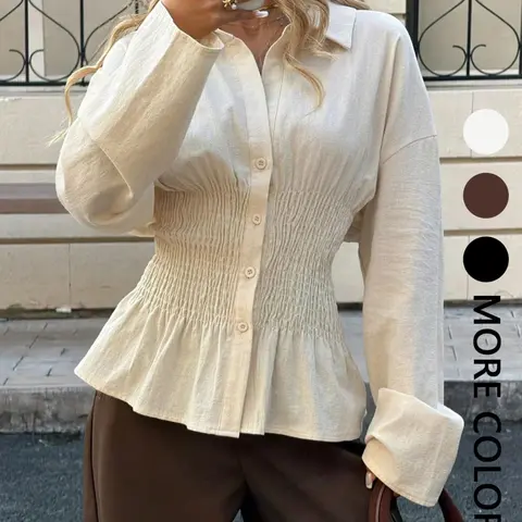 Women's Lapel Long Sleeve Waist-Cropped Basic Shirt, Elegant Button-Up, Fall Office Top, Loose Fit with Fashionable Waist Design