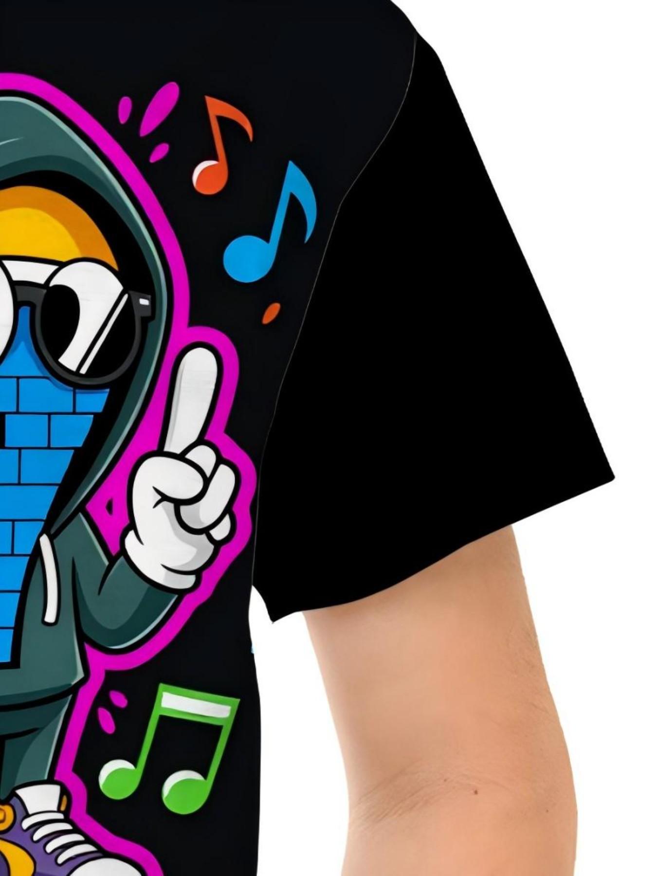 Boy 6th Birthday Hip-Hop Theme T-Shirt, Fun Cartoon Street Dance Pattern, Loose Short Sleeve Round Neck Top