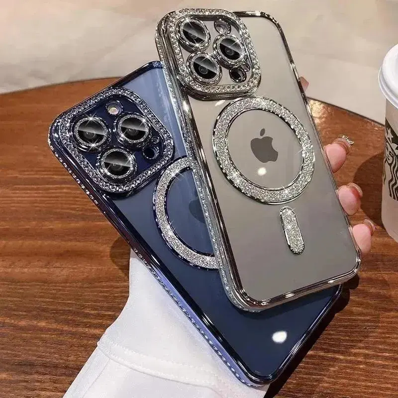 Luxury Bling Crystal Lens Film Cellphone Case for iPhone Series (18 17 16 15 14 13 12 Pro Max Plus), MagSafe Magnetic Wireless Charging Casing,-Integrated Handheld Device Protection Accessories