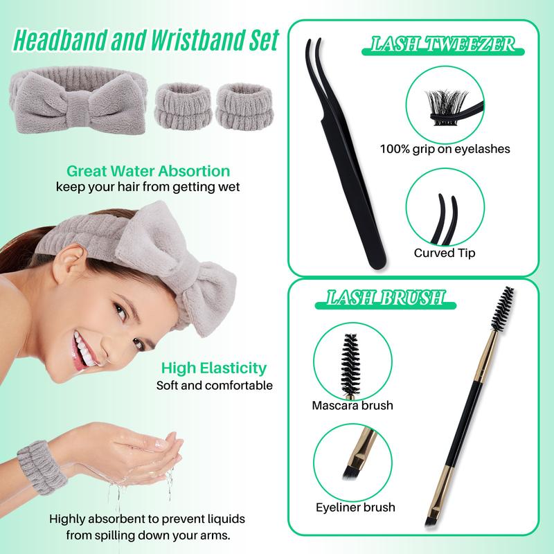 LASHSUN CHRISTMAS GIFT KIT, D Curl Mixed Length DIY Lash Clusters Kit DIY Eyelash Extensions Multi-Type Lash Volume & 3D Effect Eyelash Clusters with Lash Bond and Seal Lash Remover Lash Brush Headband Wristband Eyelash Set