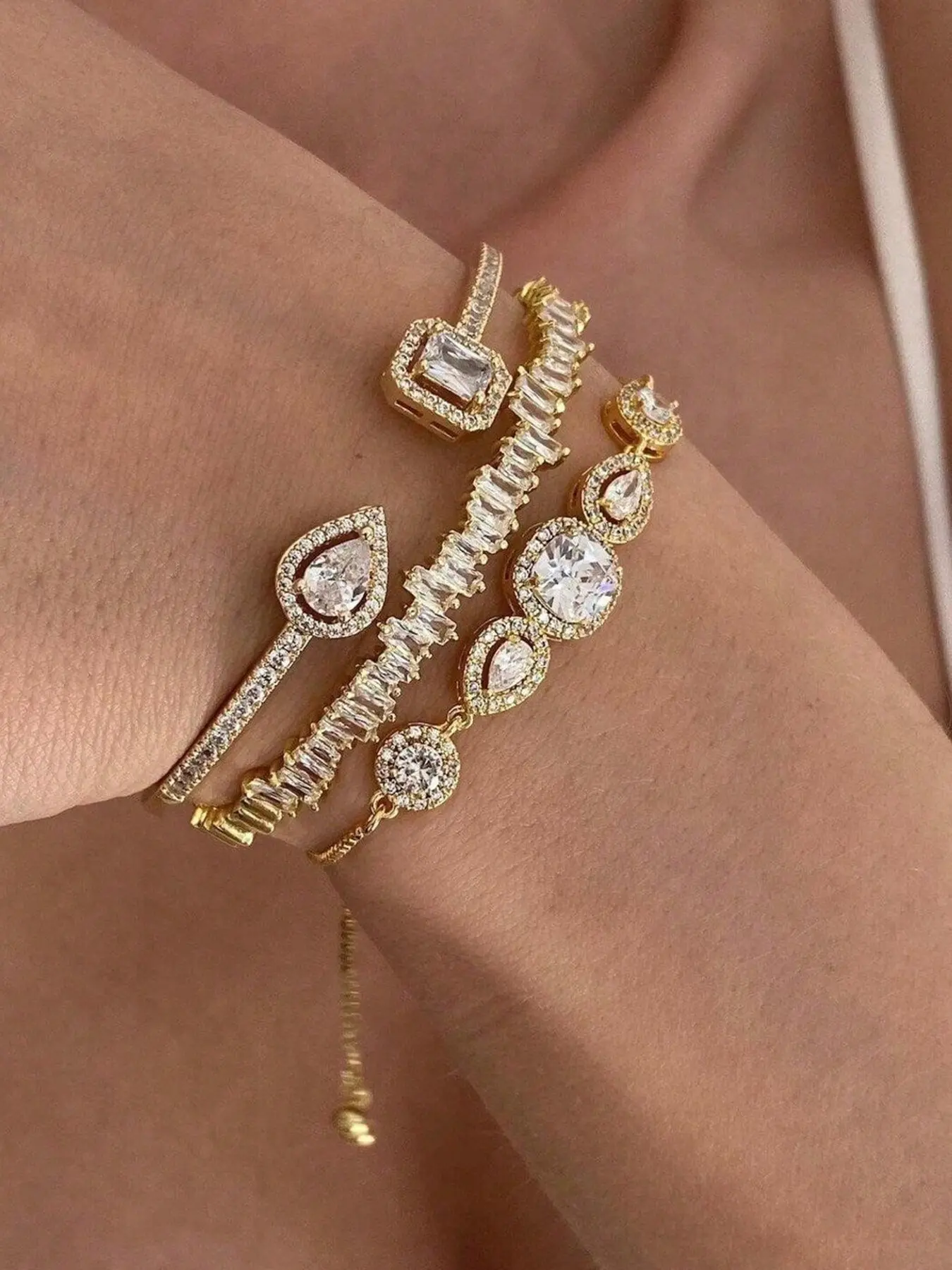 3-Piece Open Bangle Set, 18k Copper, Zircon Embedded, Fashion Jewelry for Women, Perfect Gift for Attractive Girls, Copper Cuff Bracelet