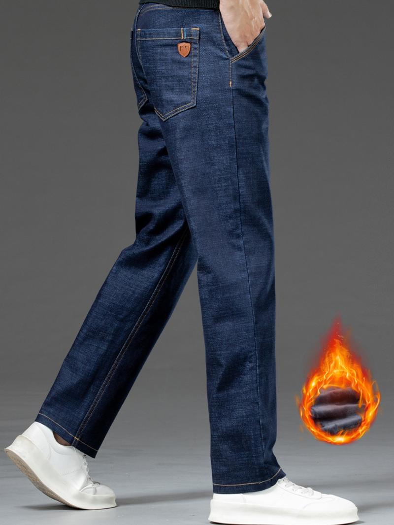 Men's Denim Jeans with Topstitching, Loose Straight Leg Long Pants, Stretch Fashion Pants for Fall & Winter