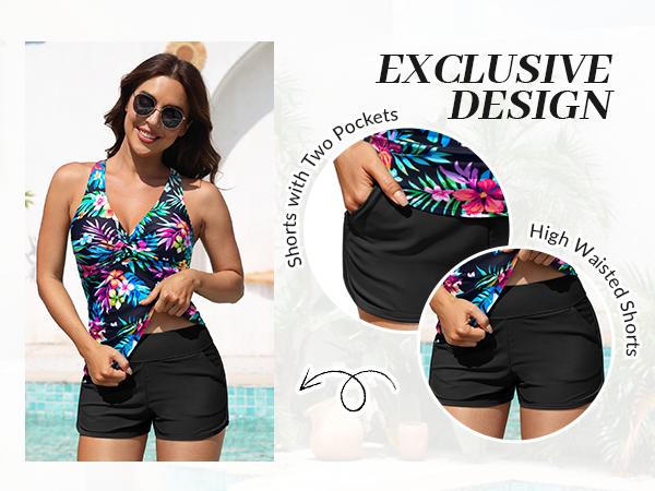 Tempt Me Women Tankini Swimsuit with Shorts - Two Piece Tummy Control Bathing Suit Twist Knot Swimwear 2026 with Pockets