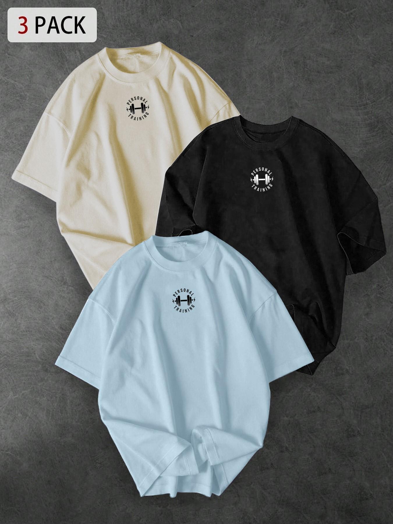 3-Pack Unisex Oversized T-Shirts with Small Dumbbell Chest Print, Minimalist Streetwear for Gym Enthusiasts and Casual Everyday Wear