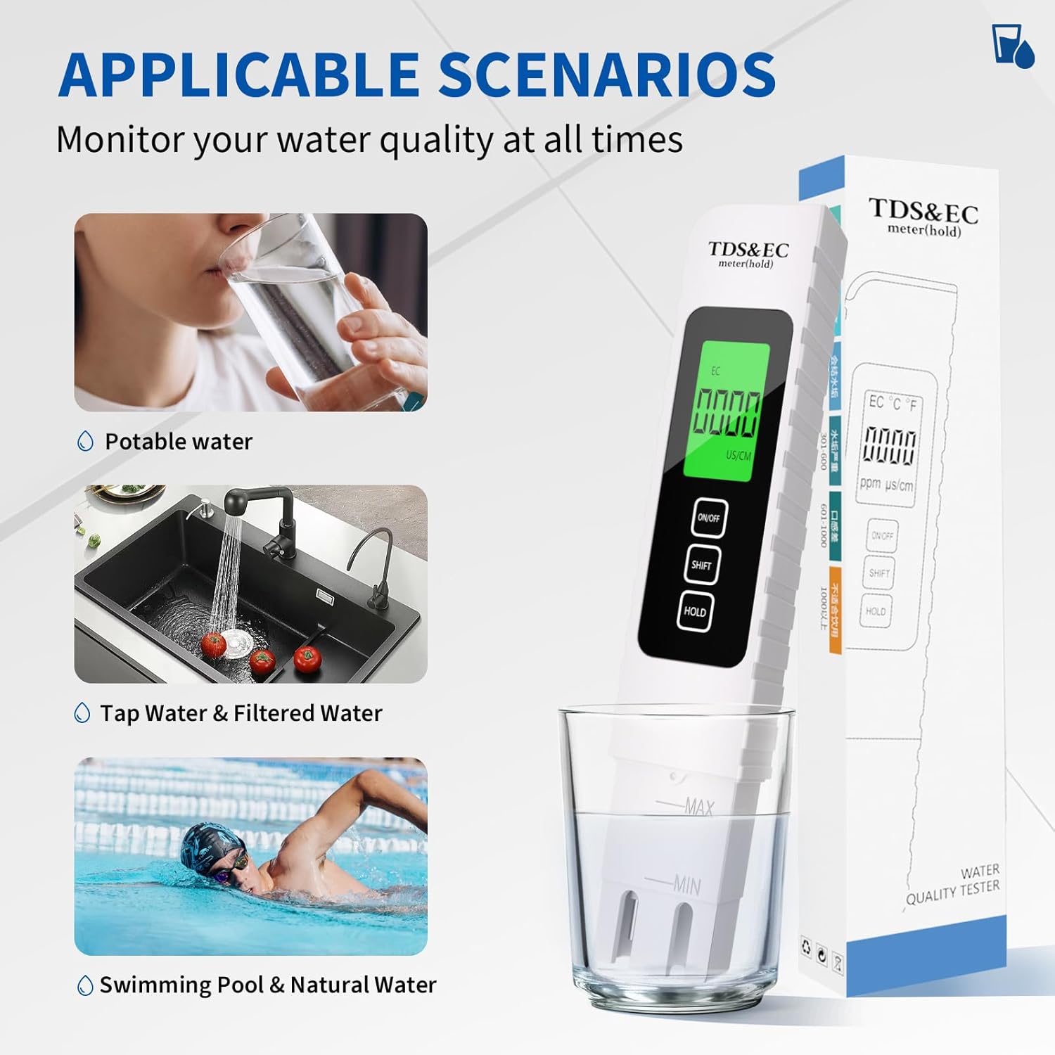 2026 Upgraded 4-in-1 Digital TDS Meter - Digital Water Quality Tester for TDS, EC and Temperature (°C/°F) | 0-9990 ppm Range | Suitable for Drinking Water, Reverse Osmosis Systems, Aquariums and Swimming Pools inflatable pool Modern