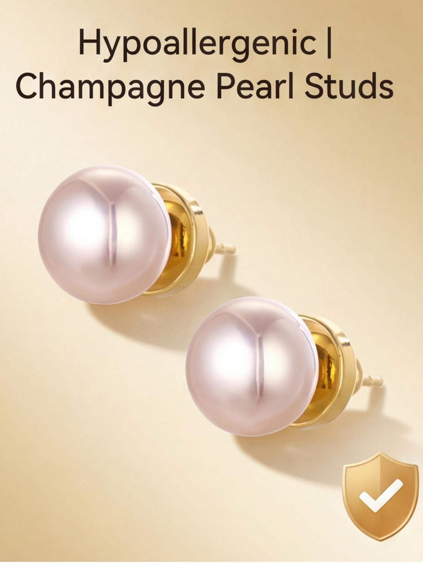 Women's Hypoallergenic Classic Champagne Pearl Stud Earrings, Gold Plated Minimalist Timeless Round Pearl Earrings, Fashion Jewelry for Everyday Wear Office & Gift