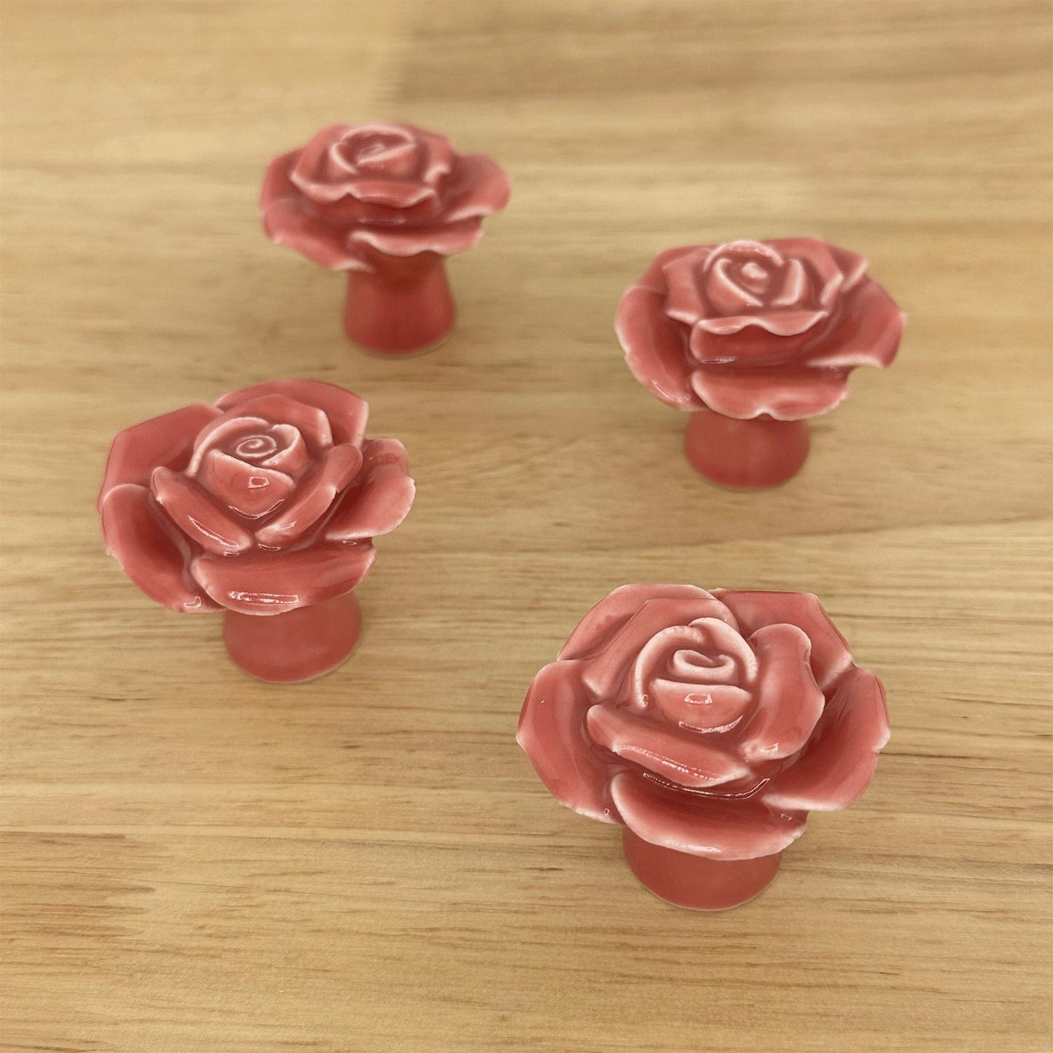 4 Pack Pink Rose Ceramic Cabinet Knobs – Decorative Floral Drawer Pulls with Mounting Screws, Elegant 3D Rose Shaped Knobs for Kitchen Cabinets, Bathroom Vanities, Dressers, Wardrobes, Nightstands, Bookcases and Home Improvement Projects