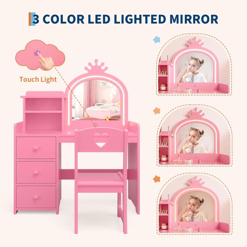 Kids Vanity Desk with Mirror and Lights, White Princess Wooden Makeup Vanity with Chair, Storage Shelves and Drawers, 2-in-1 Girls Dressing Table