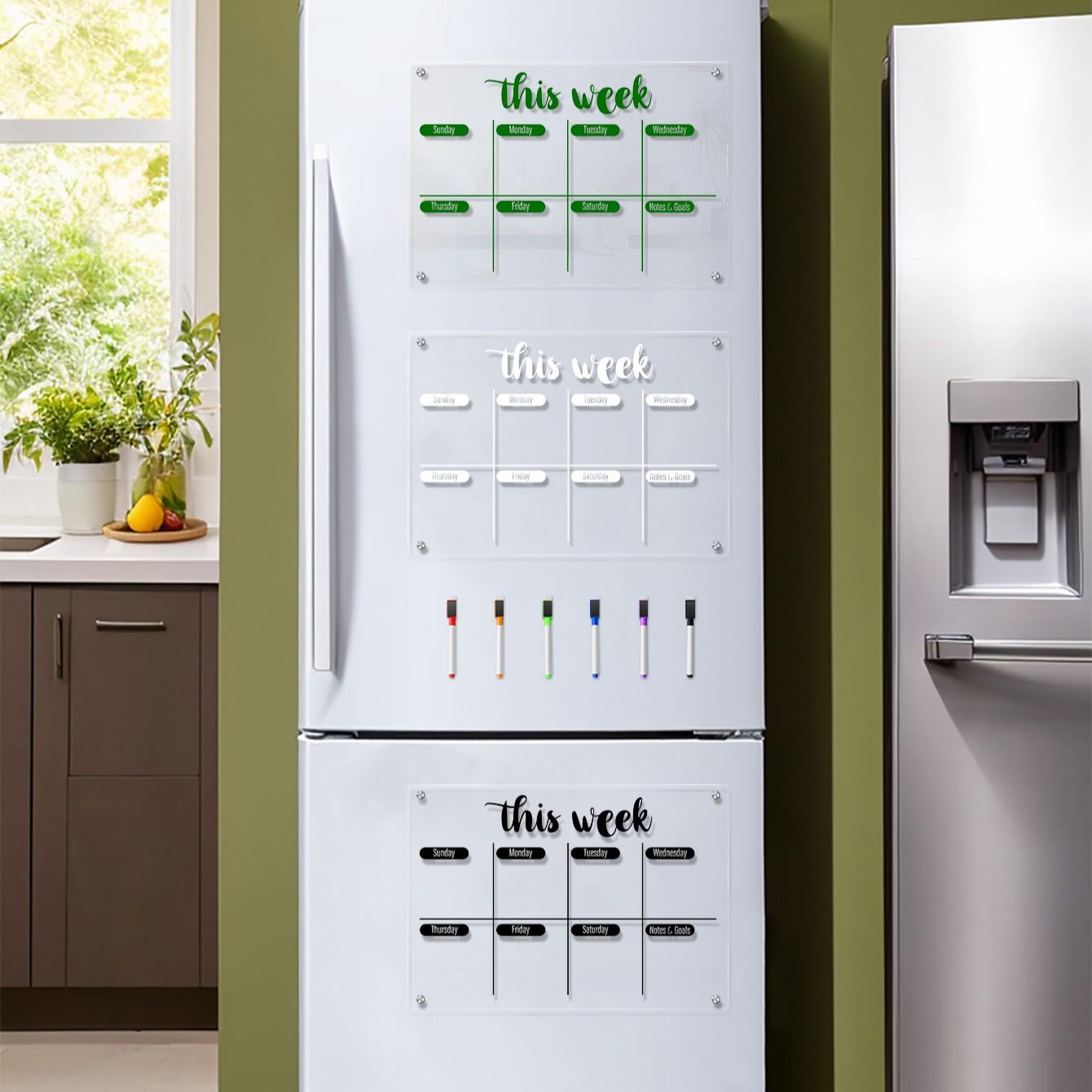 Transparent Acrylic Magnetic Refrigerator Fridge Calendar Magnetic Weekly Planner Board, Erasable Schedule Organizer, Home Memo Board with Multicolor Pens, Includes 6 Magnetic Whiteboard Pens
